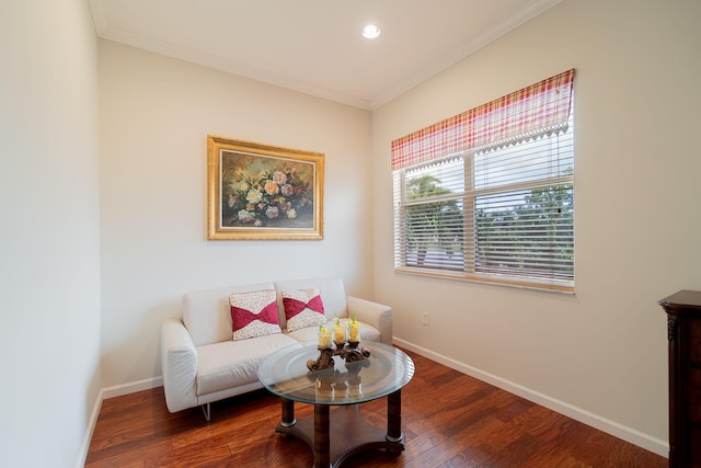 living room with crown molding and dark hardwood / wood-style flooring