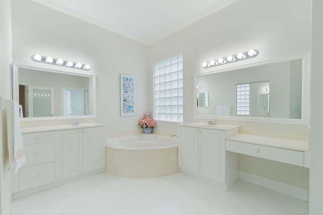 bathroom with tile floors, a washtub, crown molding, and double vanity