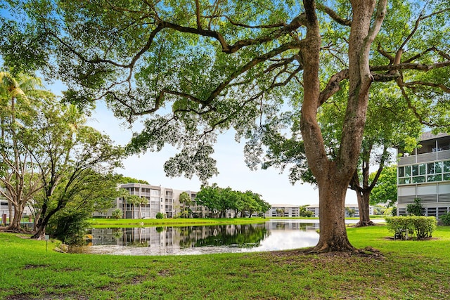 view of community featuring a lawn and a water view