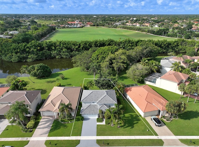 bird's eye view with a water view