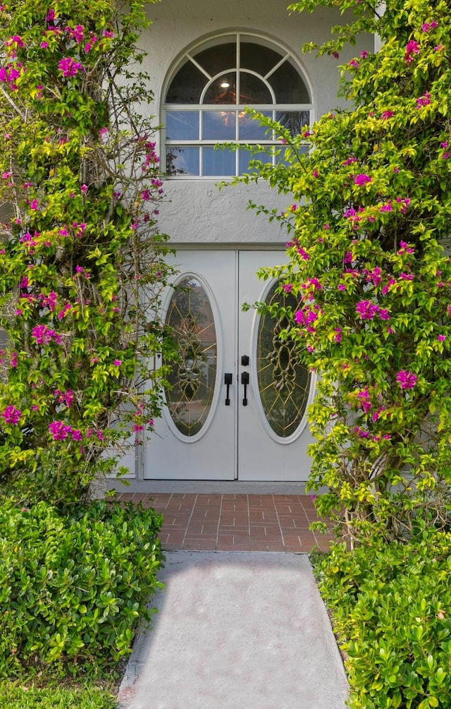 view of exterior entry featuring stucco siding