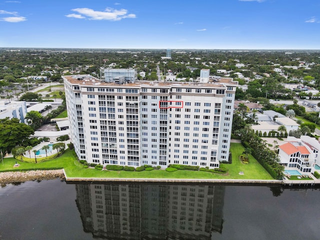 drone / aerial view with a water view