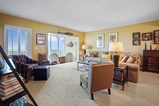 carpeted living room featuring a wealth of natural light and a textured ceiling