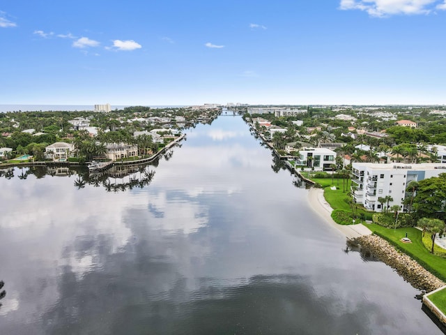 bird's eye view with a water view