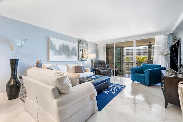 living room featuring crown molding, a wall of windows, and ceiling fan