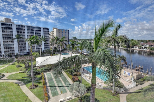 aerial view featuring a water view