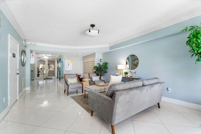 tiled living room featuring crown molding and ceiling fan