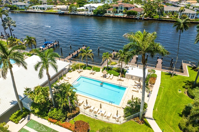 drone / aerial view featuring a water view