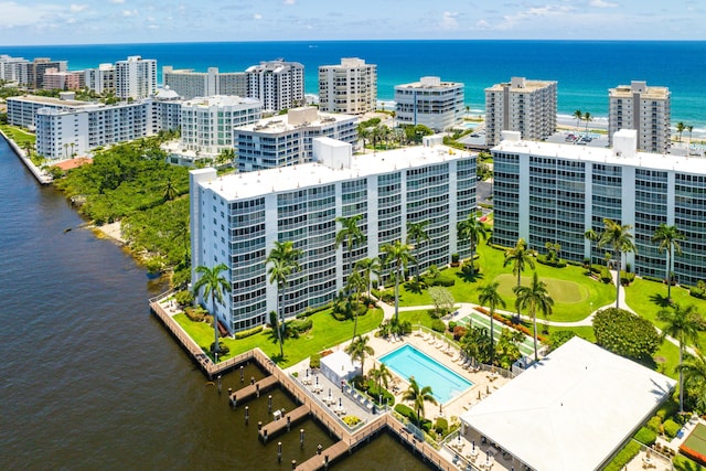 bird's eye view with a water view