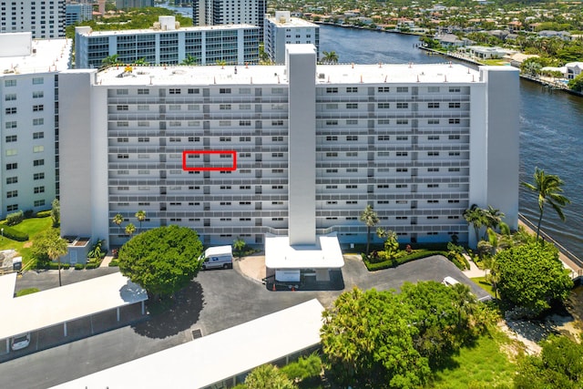 view of building exterior featuring a water view