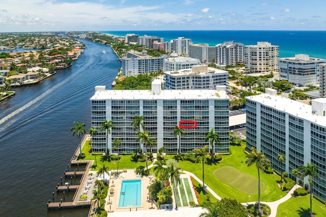 drone / aerial view with a water view