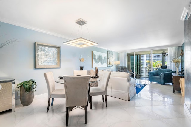 dining room with crown molding and floor to ceiling windows