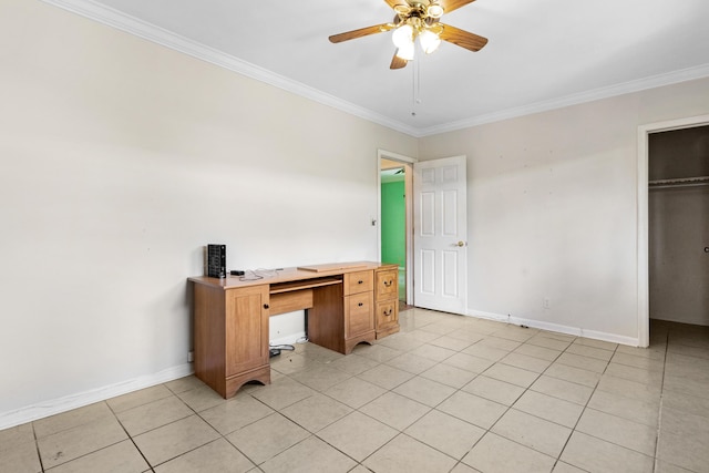 office space with ceiling fan, ornamental molding, and light tile patterned flooring