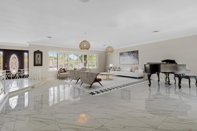 living room featuring ornamental molding