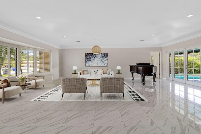 living room with a wealth of natural light, ornamental molding, and french doors