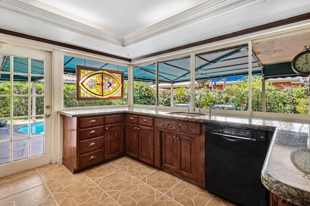 kitchen with sink, black dishwasher, ornamental molding, and stone countertops