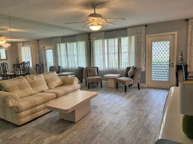 living room featuring hardwood / wood-style floors, ceiling fan, and a textured ceiling