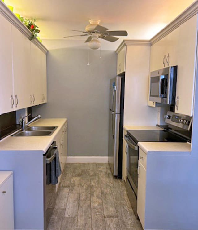 kitchen with ceiling fan, sink, light hardwood / wood-style flooring, and appliances with stainless steel finishes