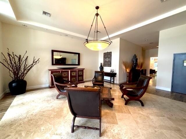 living area with a tray ceiling