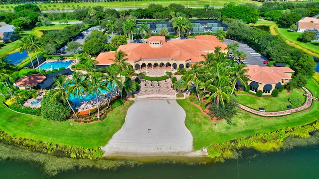 bird's eye view with a water view