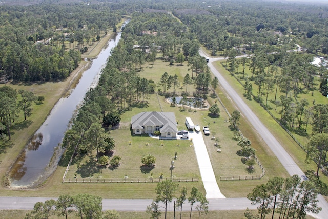 bird's eye view featuring a rural view and a water view