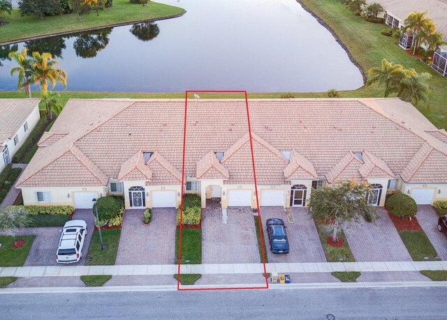 aerial view featuring a water view