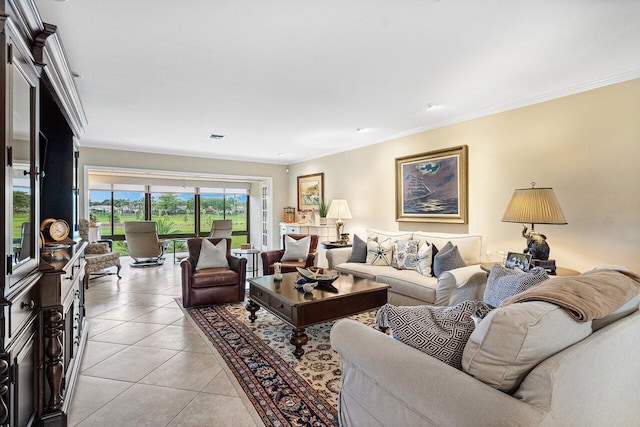 tiled living room featuring ornamental molding