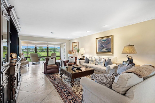 10093 Quail Covey Road Hibiscus N, Boynton Beach, FL 33436 - living area featuring ornamental molding and light tile patterned floors