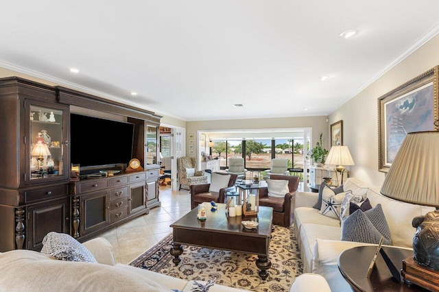 tiled living room featuring ornamental molding