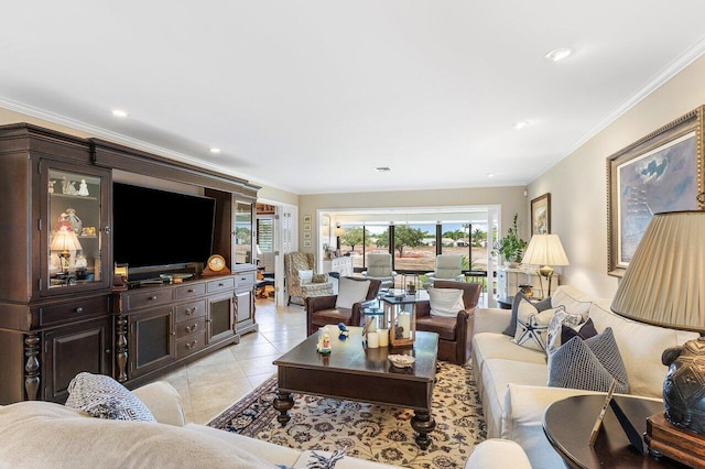 10093 Quail Covey Road Hibiscus N, Boynton Beach, FL 33436 - living room with crown molding, light tile patterned floors, and recessed lighting