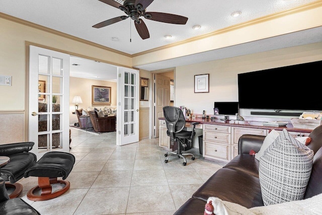 office area with french doors, light tile patterned floors, ceiling fan, and ornamental molding