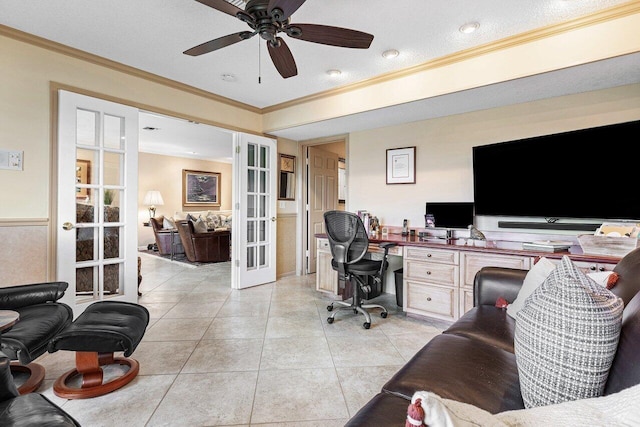 10093 Quail Covey Road Hibiscus N, Boynton Beach, FL 33436 - office space with french doors, a ceiling fan, ornamental molding, light tile patterned floors, and recessed lighting