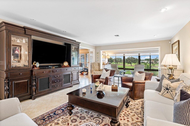 tiled living room featuring crown molding