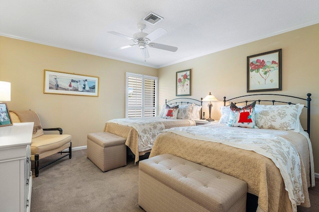 10093 Quail Covey Road Hibiscus N, Boynton Beach, FL 33436 - bedroom featuring ornamental molding, light carpet, and ceiling fan