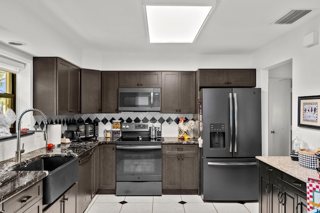 kitchen with sink, backsplash, stainless steel appliances, dark brown cabinetry, and dark stone counters