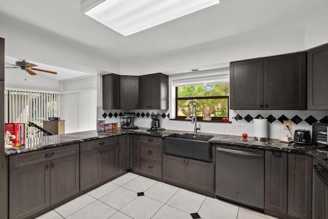 kitchen featuring sink, stainless steel dishwasher, backsplash, and dark stone counters