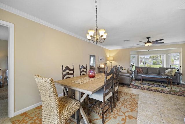 tiled dining room with ornamental molding and ceiling fan with notable chandelier