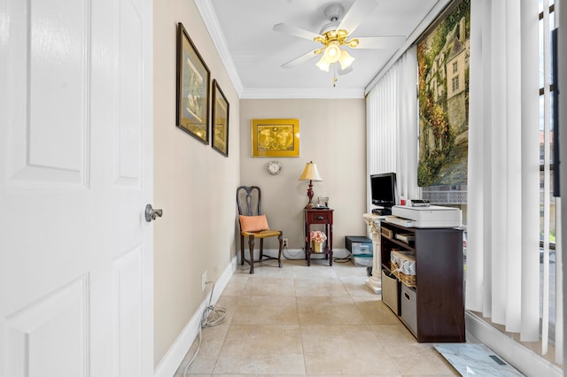 tiled office with ceiling fan, plenty of natural light, and crown molding