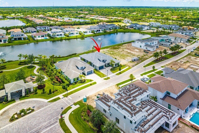 aerial view featuring a water view