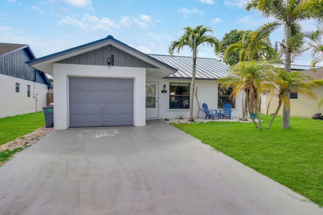 single story home with a garage and a front yard