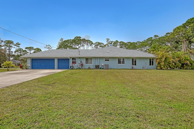 single story home featuring a garage, a front lawn, and cooling unit