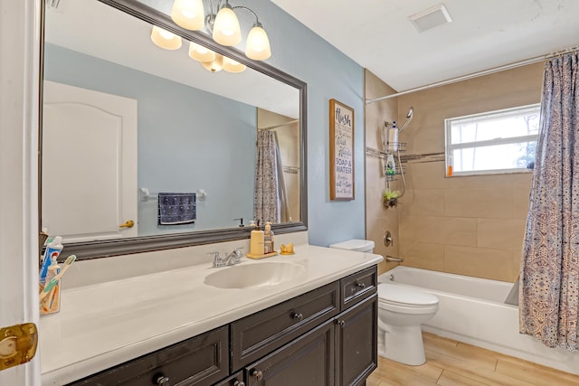 full bathroom with vanity, toilet, and shower / bathtub combination with curtain