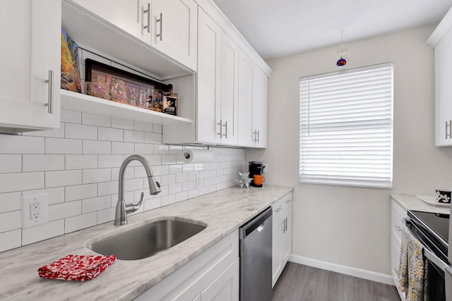 kitchen with sink, light stone counters, decorative backsplash, white cabinets, and appliances with stainless steel finishes