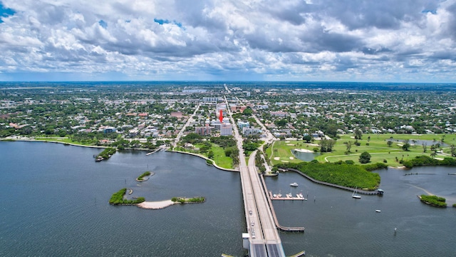 drone / aerial view featuring a water view