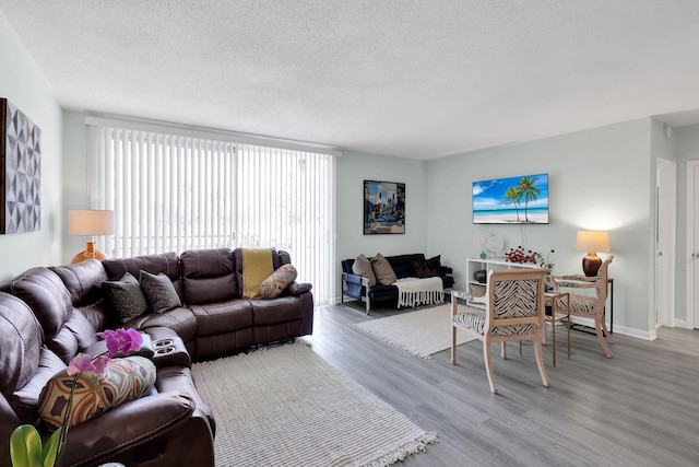 living room featuring wood-type flooring and a textured ceiling