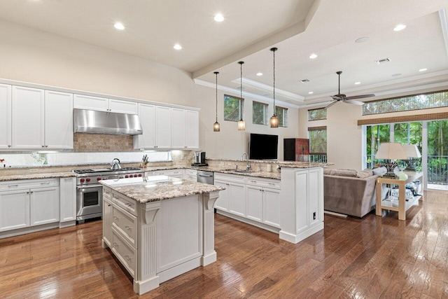 kitchen with dark wood-type flooring, hanging light fixtures, stainless steel appliances, and kitchen peninsula