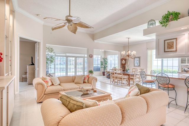 tiled living room with crown molding, a textured ceiling, and ceiling fan with notable chandelier