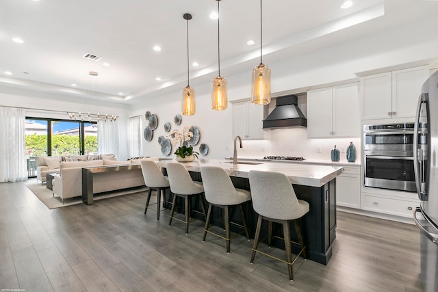 kitchen featuring hanging light fixtures, appliances with stainless steel finishes, premium range hood, and a kitchen island with sink