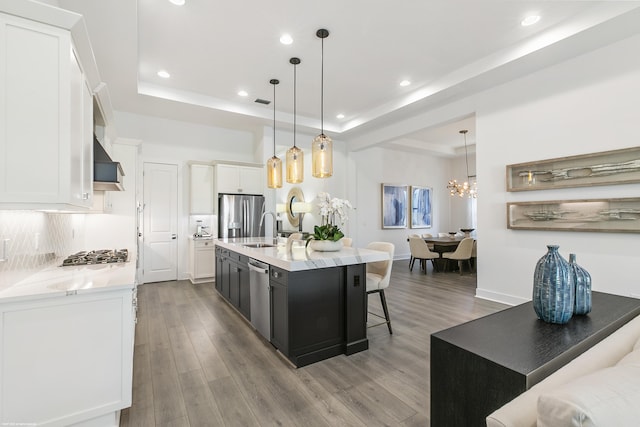 13173 Faberge Pl, Palm Beach Gardens, FL 33418 - kitchen featuring a tray ceiling, appliances with stainless steel finishes, a sink, recessed lighting, and wood finished floors