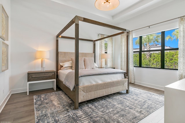 bedroom with dark hardwood / wood-style flooring and a tray ceiling